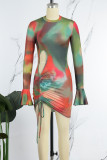 Green Sexy Print Tie Dye Hollowed Out O Neck Long Sleeve Dresses (Subject To The Actual Object)