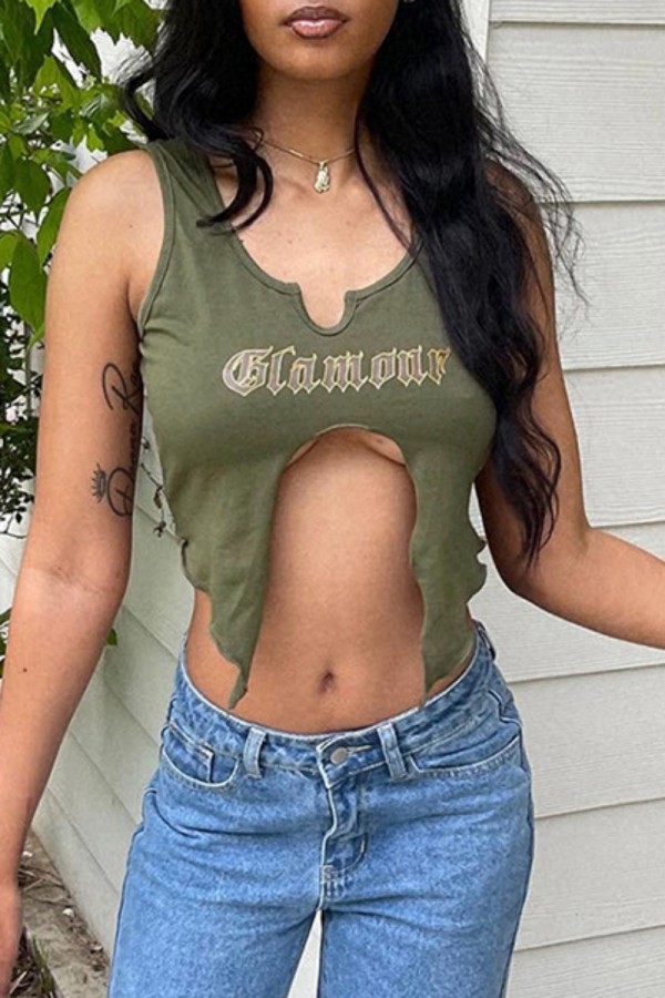 Green Casual Letter Print Asymmetrical U Neck Tops
