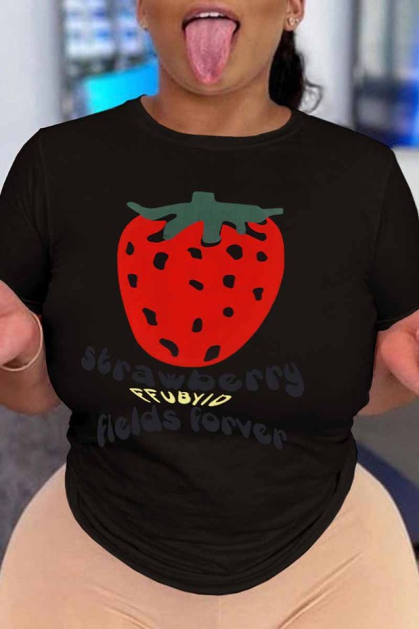Black Casual Print Letter O Neck T-Shirts