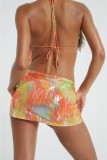 Orange Sexy Print Frenulum Backless Halter Sleeveless Dress Dresses