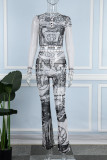 Black Street Print Patchwork Buttons See-through Mesh V Neck Long Sleeve Two Pieces