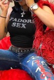 Black Street Letter Hot Drill O Neck Tops