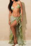 Green Sexy Print Bandage Backless Swimsuit Three Piece Set