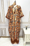 Blue Plus Size Print Tassel Patchwork V Neck Straight Dresses(With Headscarf)
