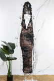 Brown Sexy Casual Print Tie Dye Backless Slit Hooded Collar Sleeveless Dress Dresses