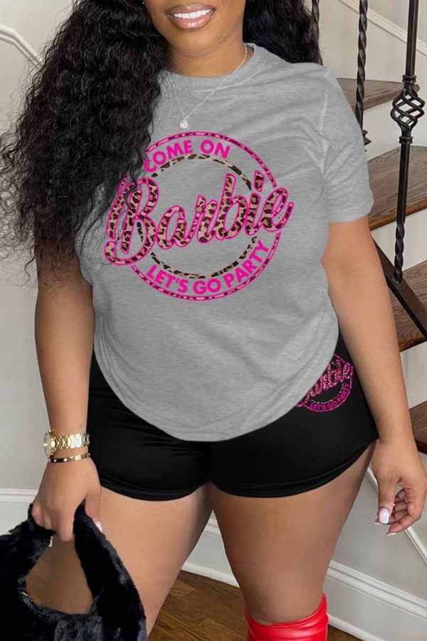 Grey Casual Print Letter O Neck Short Sleeve Two Pieces