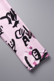 Pink Casual Print Patchwork Off the Shoulder Long Sleeve Dresses