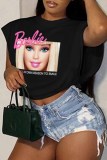 Rose Red Casual Street Character Print Letter O Neck Tops