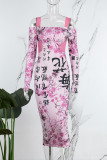 Pink Casual Print Patchwork Off the Shoulder Long Sleeve Dresses
