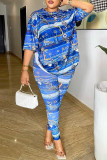Multicolor Casual Print Basic O Neck Half Sleeve Two Pieces