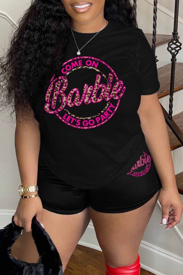 Black Casual Print Letter O Neck Short Sleeve Two Pieces
