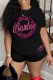 Black Casual Print Letter O Neck Short Sleeve Two Pieces
