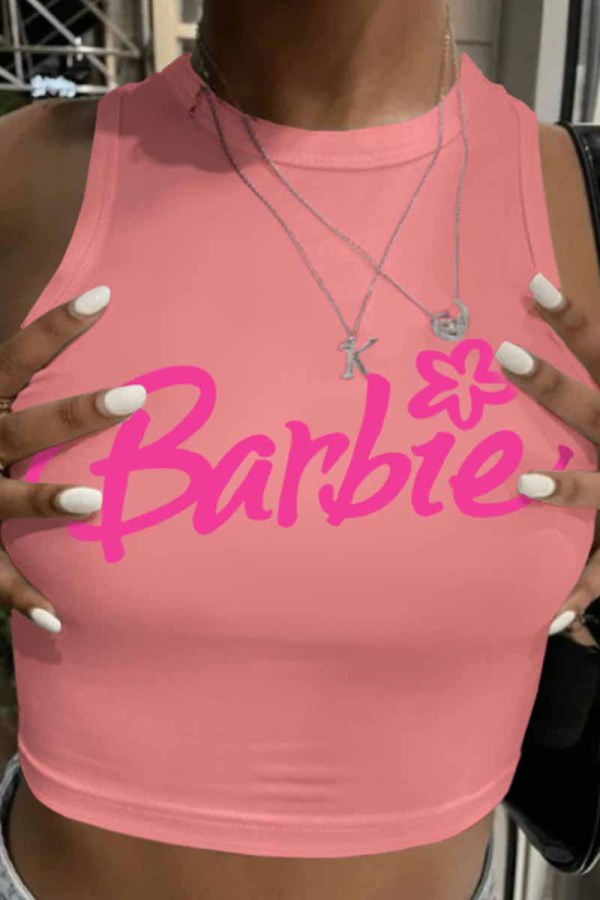 Pink Sexy Street Print Letter O Neck Tops