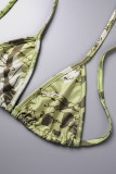 Green Sexy Print Bandage Backless Swimsuit Three Piece Set