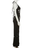 Black Sexy Solid Ripped Hollowed Out Backless Halter Long Dress Dresses
