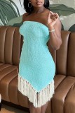 Cyan Sexy Casual Solid Tassel Patchwork Backless Strapless Irregular Dress Dresses