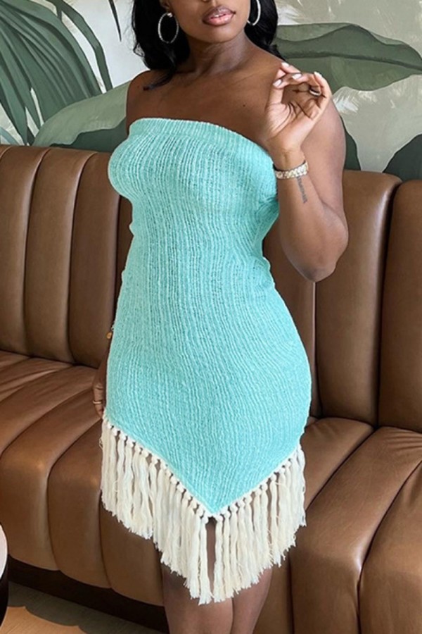 Cyan Sexy Casual Solid Tassel Patchwork Backless Strapless Irregular Dress Dresses