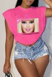 Rose Red Casual Street Character Print Letter O Neck Tops