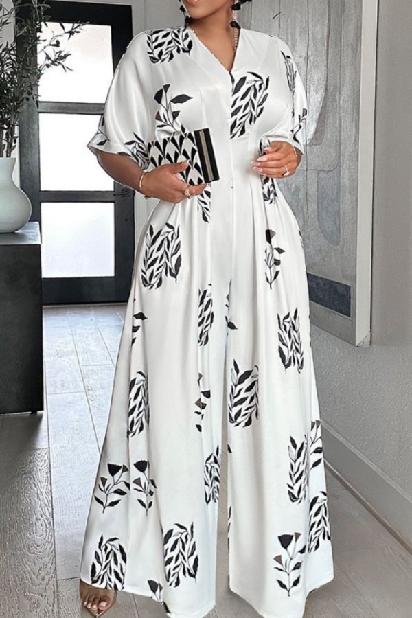 White Casual Print Patchwork V Neck Regular Jumpsuits