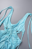 Blue Sexy Tie Dye Hollowed Out Backless Fold Strap Design Halter Irregular Dress Dresses