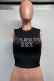 Black Street Letter Hot Drill O Neck Tops