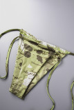 Green Sexy Print Bandage Backless Swimsuit Three Piece Set