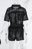 Watermelon Red Casual Solid Hollowed Out See-through Turndown Collar Short Sleeve Two Pieces
