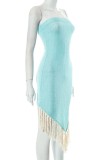 Cyan Sexy Casual Solid Tassel Patchwork Backless Strapless Irregular Dress Dresses