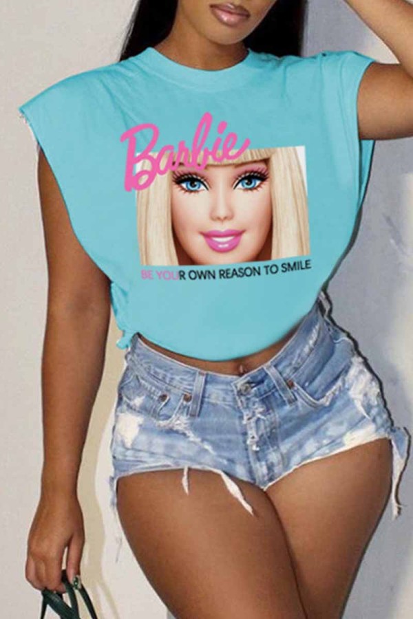 Light Blue Casual Street Character Print Letter O Neck Tops