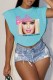Light Blue Casual Street Character Print Letter O Neck Tops