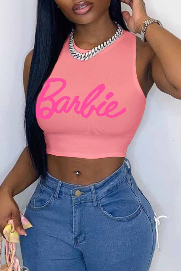 Pink Sexy Street Print Letter O Neck Tops