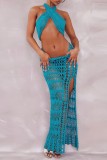 Blue Sexy Solid Hollowed Out Backless Slit Halter Sleeveless Two Pieces