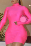 Pink Casual Solid Basic Turtleneck Long Sleeve Dresses
