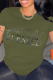 Army Green Casual Vintage Print Letter O Neck T-Shirts
