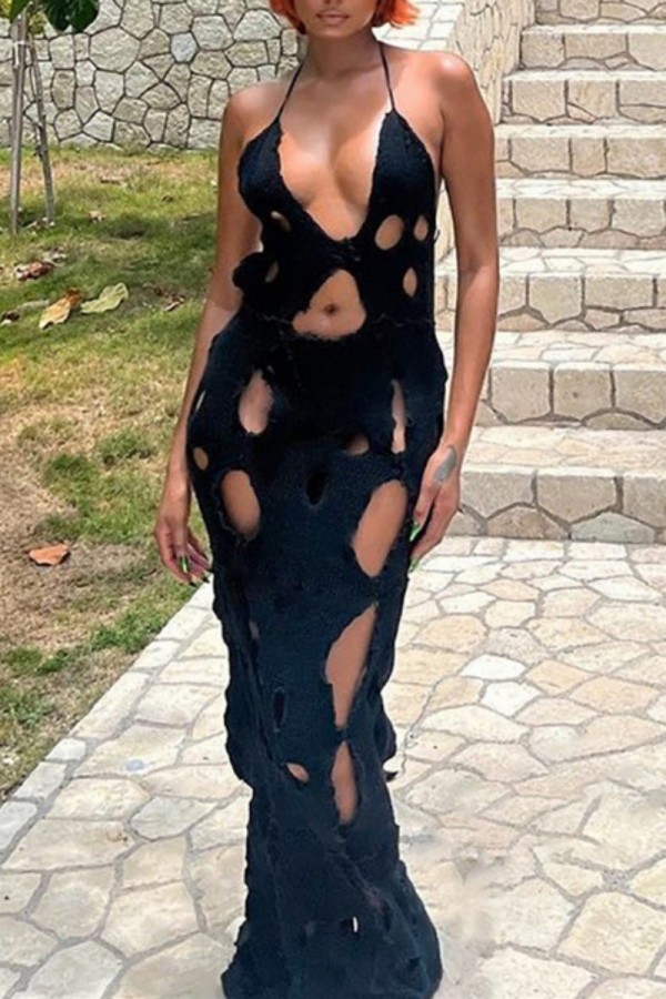 Black Sexy Solid Ripped Hollowed Out Backless Halter Long Dress Dresses