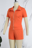 Orange Casual Solid Patchwork Zipper Collar Short Sleeve Two Pieces