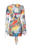 Colour Print Hollowed Out Patchwork Flounce Strap Design V Neck Wrapped Skirt Dresses