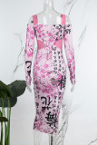 Pink Casual Print Patchwork Off the Shoulder Long Sleeve Dresses