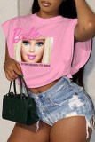 Rose Red Casual Street Character Print Letter O Neck Tops