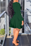 Green Casual Solid Fold V Neck Long Sleeve Dresses
