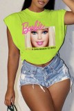 Light Green Casual Street Character Print Letter O Neck Tops