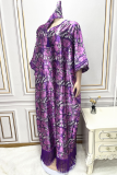 Blue Plus Size Print Tassel Patchwork V Neck Straight Dresses(With Headscarf)