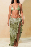 Green Sexy Print Bandage Backless Swimsuit Three Piece Set