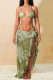 Green Sexy Print Bandage Backless Swimsuit Three Piece Set