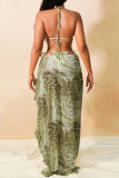 Green Sexy Print Bandage Backless Swimsuit Three Piece Set
