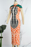 Pink Casual Print Basic Half A Turtleneck Short Sleeve Dress
