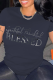 Navy Blue Casual Vintage Print Letter O Neck T-Shirts