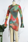 Green Sexy Print Tie Dye Hollowed Out O Neck Long Sleeve Dresses (Subject To The Actual Object)
