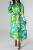 Green Casual Print Basic O Neck Long Sleeve Dresses (Subject To The Actual Object)