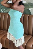 Cyan Sexy Casual Solid Tassel Patchwork Backless Strapless Irregular Dress Dresses